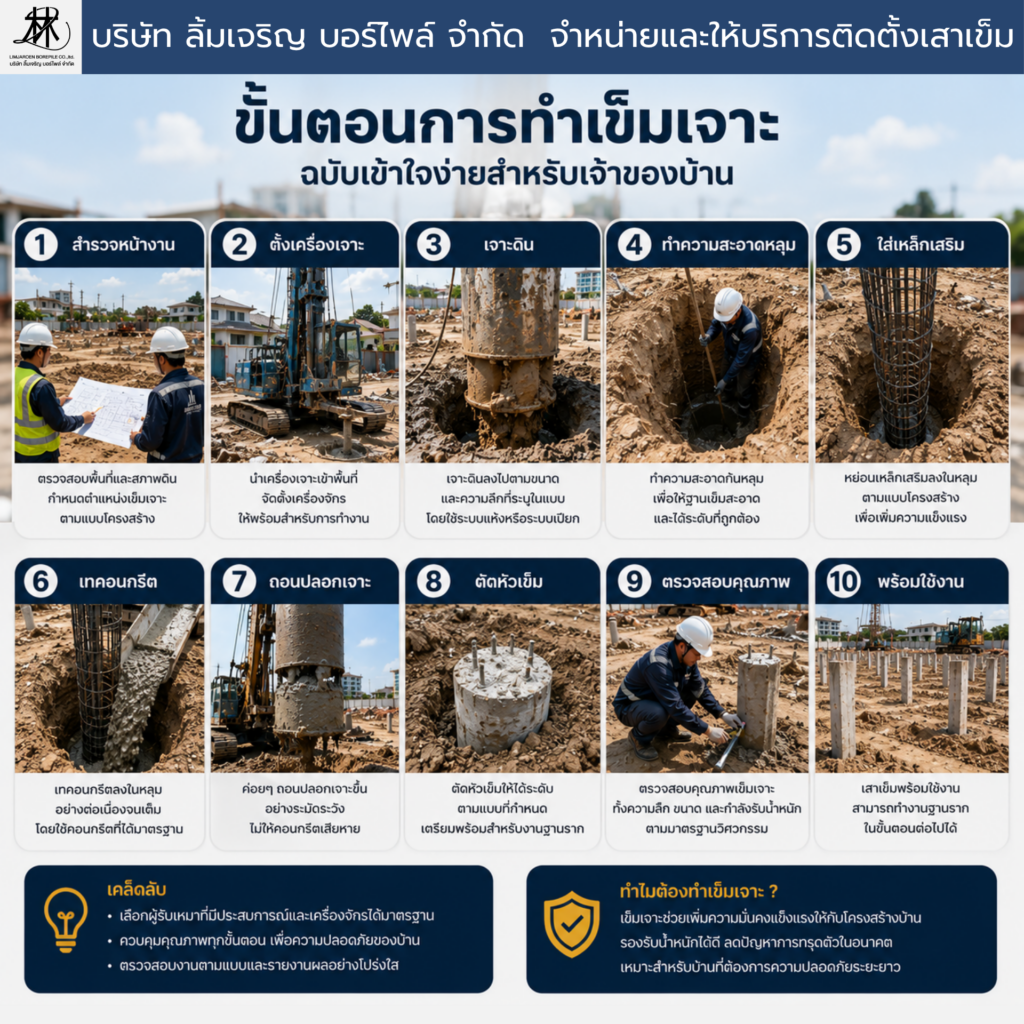 ขั้นตอนการเจาะเสาเข็มและใส่เหล็กเสริมก่อนเทคอนกรีต