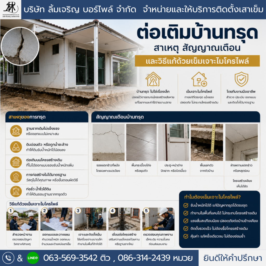 ทีมช่างกำลังติดตั้งเข็มกด Jack-in Pile เสริมฐานรากบ้านที่ทรุดตัว